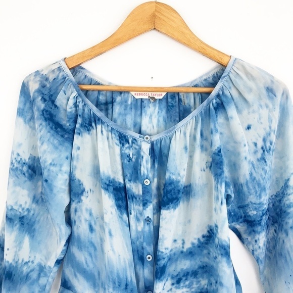 Rebecca Taylor Blue 100% Silk Tie Dye Casual Blouse Size 2 - Picture 4 of 8